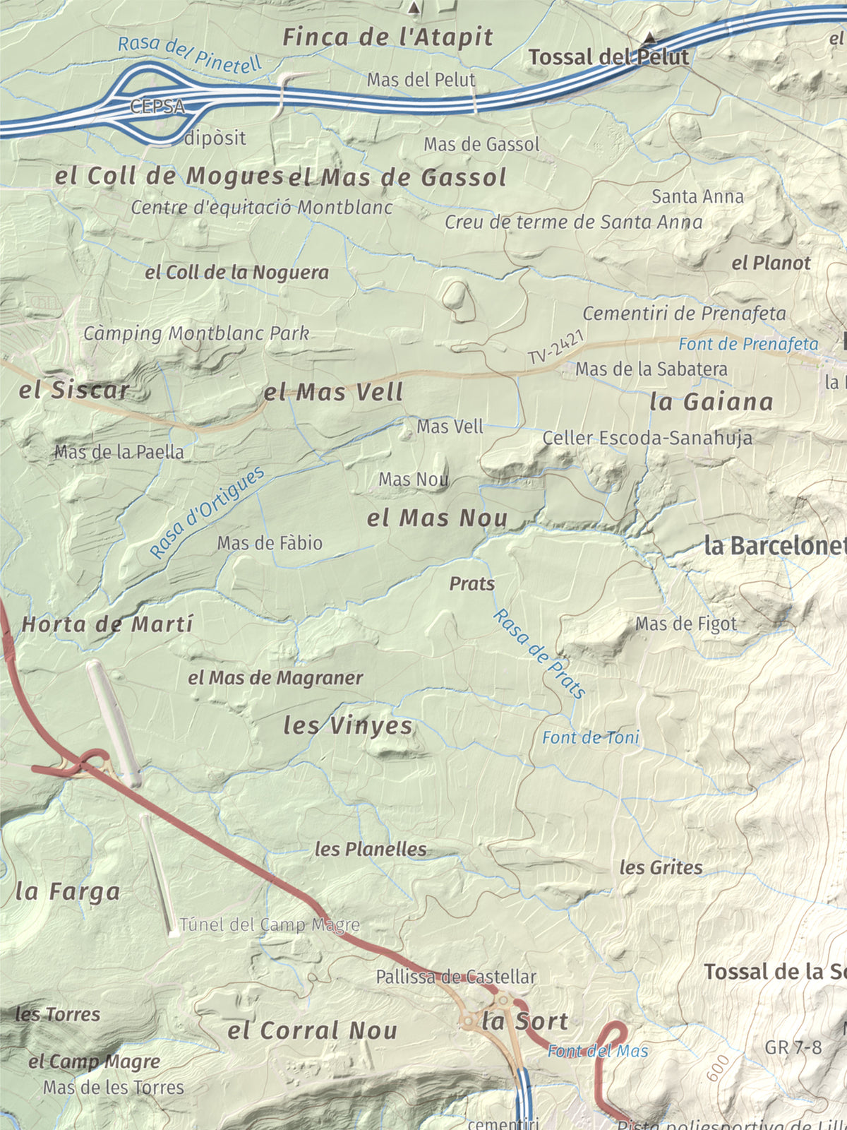 Mapa de relieve de La Cogulla, 786 m, Alt Camp · Conca de Barberà, lámina 100 Cims de Trobart. Detalle de la zona superior izquierda. 30 × 40 cm.