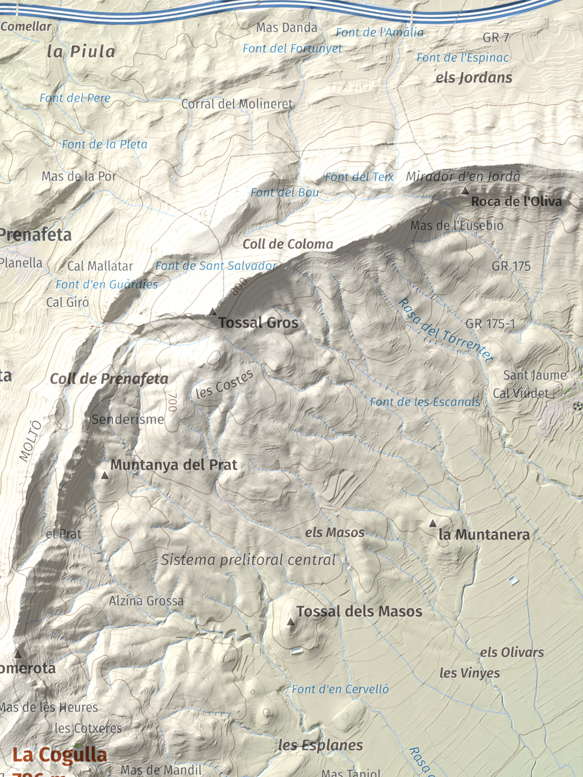 Mapa de relieve de La Cogulla, 786 m, Alt Camp · Conca de Barberà, lámina 100 Cims de Trobart. Detalle de la zona superior derecha. 30 × 40 cm.