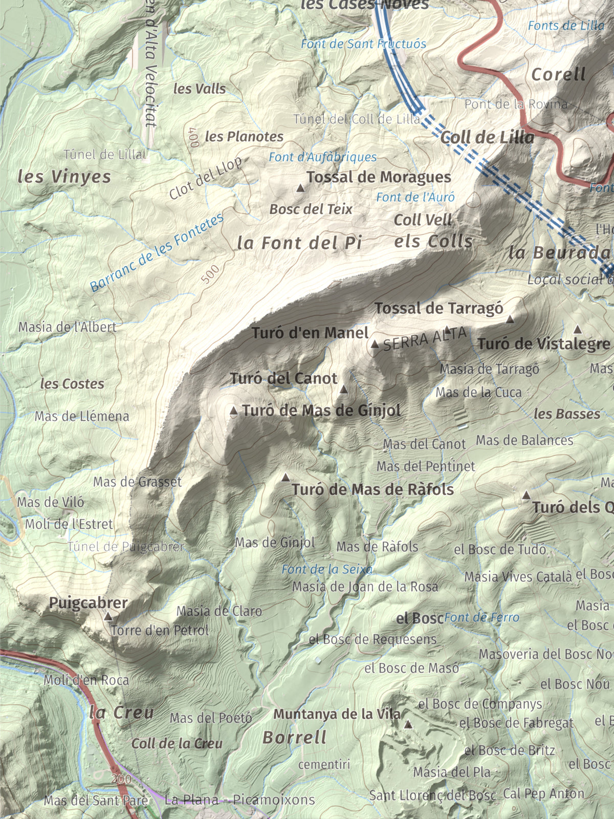 Mapa de relieve de La Cogulla, 786 m, Alt Camp · Conca de Barberà, lámina 100 Cims de Trobart. Detalle de la zona inferior izquierda. 30 × 40 cm.