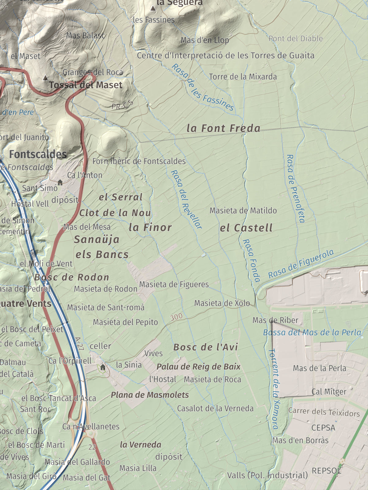 Mapa de relieve de La Cogulla, 786 m, Alt Camp · Conca de Barberà, lámina 100 Cims de Trobart. Detalle de la zona inferior derecha. 30 × 40 cm.