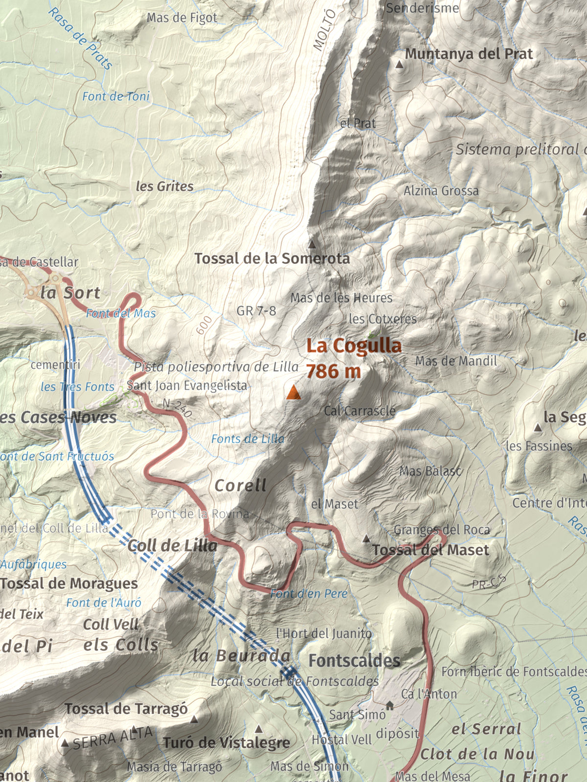 Mapa de relieve de La Cogulla, 786 m, Alt Camp · Conca de Barberà, lámina 100 Cims de Trobart. Detalle de la zona central. 30 × 40 cm.