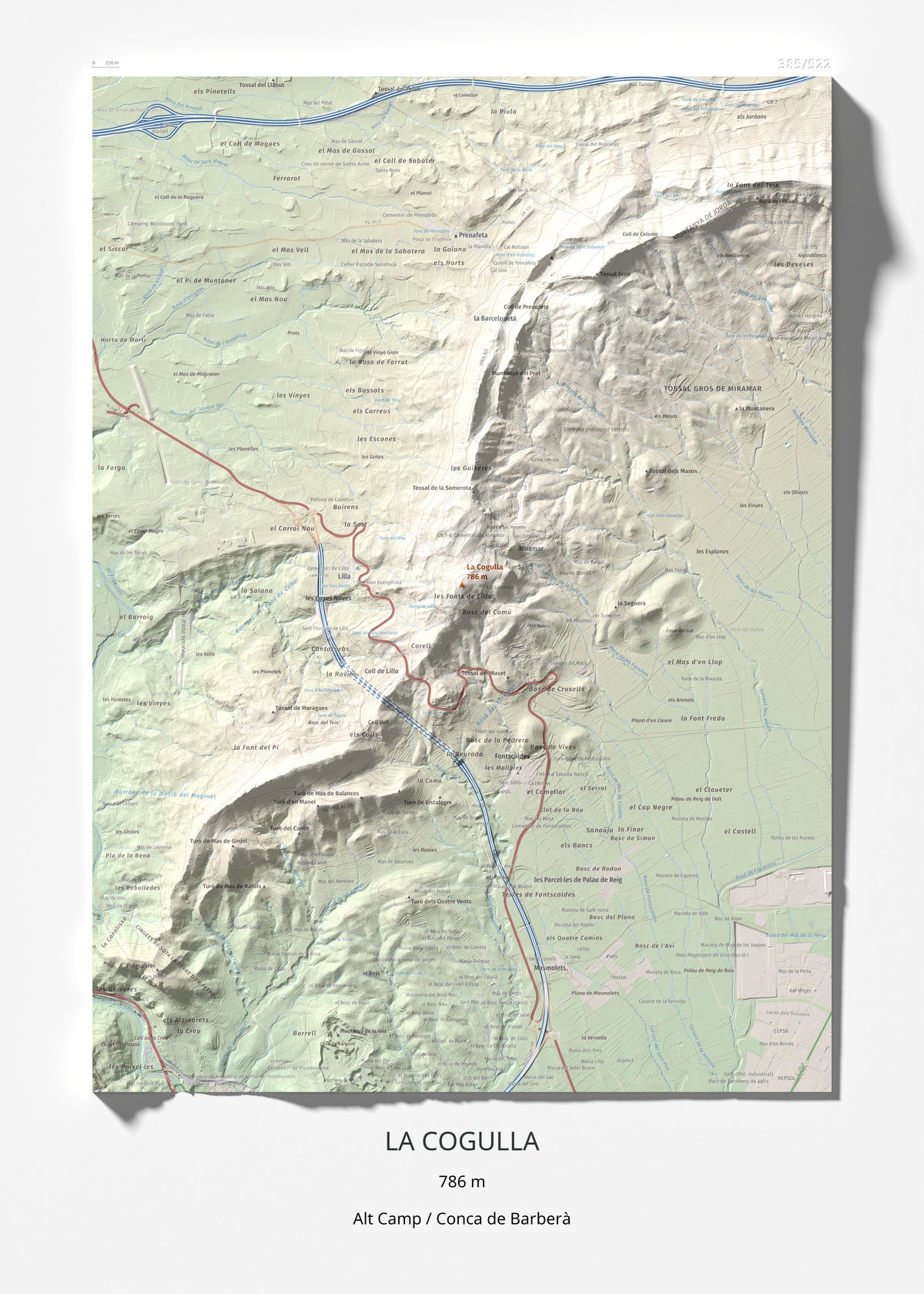 Mapa de relieve de La Cogulla, 786 m, Alt Camp · Conca de Barberà, lámina 100 Cims de Trobart 50 × 70 cm.