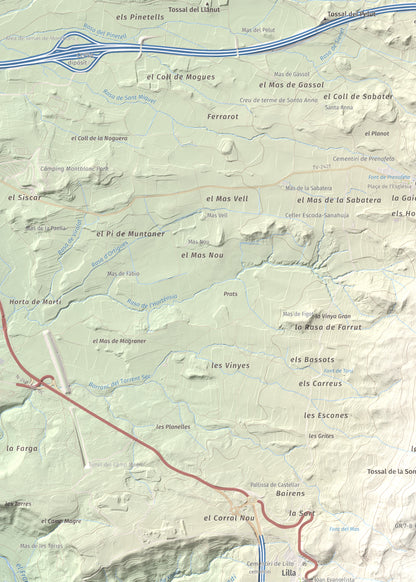 Mapa de relieve de La Cogulla, 786 m, Alt Camp · Conca de Barberà, lámina 100 Cims de Trobart. Detalle de la zona superior izquierda. 50 × 70 cm.