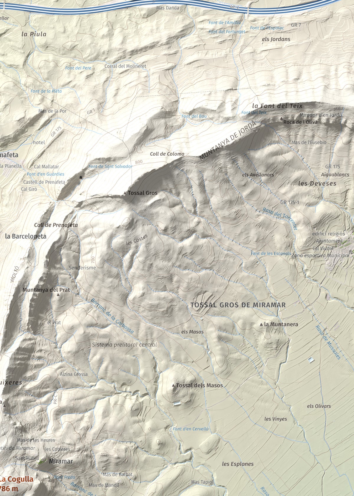 Mapa de relieve de La Cogulla, 786 m, Alt Camp · Conca de Barberà, lámina 100 Cims de Trobart. Detalle de la zona superior derecha. 50 × 70 cm.