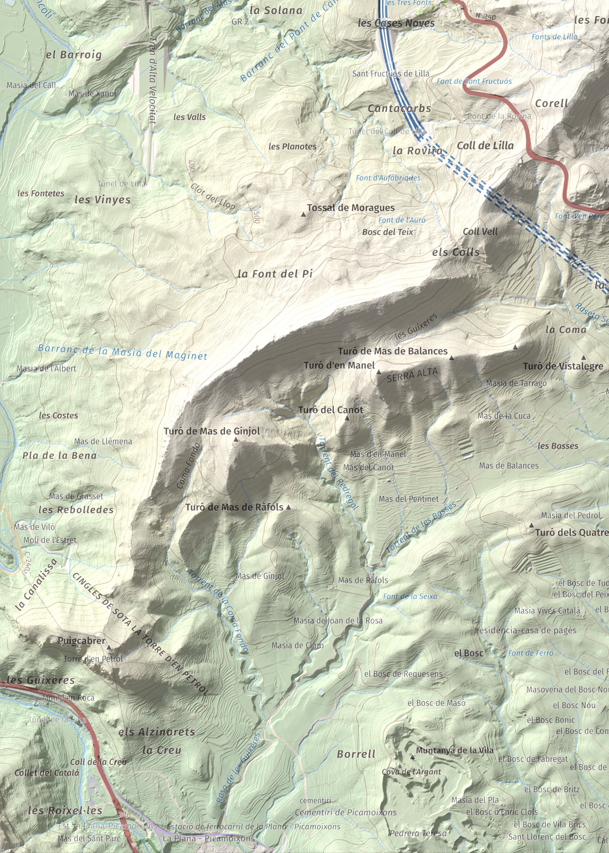 Mapa de relieve de La Cogulla, 786 m, Alt Camp · Conca de Barberà, lámina 100 Cims de Trobart. Detalle de la zona inferior izquierda. 50 × 70 cm.
