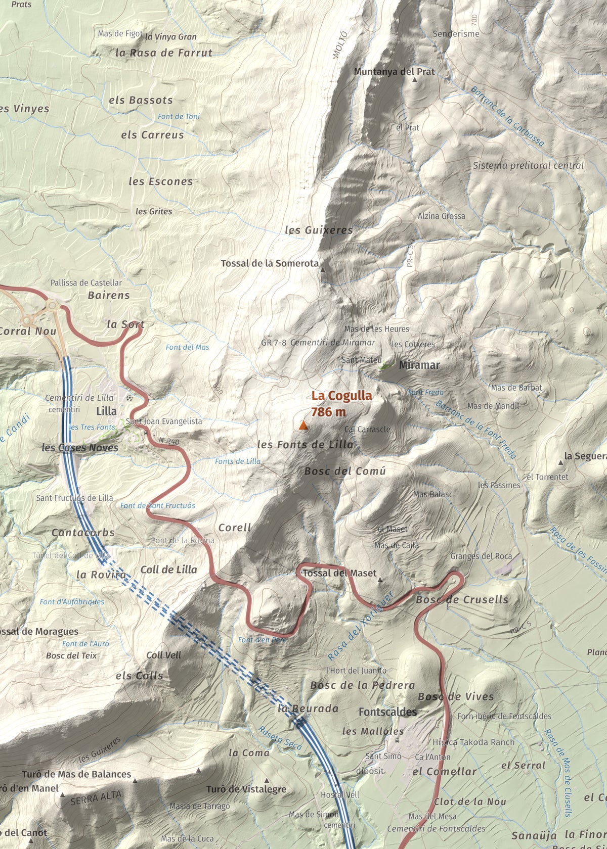 Mapa de relieve de La Cogulla, 786 m, Alt Camp · Conca de Barberà, lámina 100 Cims de Trobart. Detalle de la zona central. 50 × 70 cm.