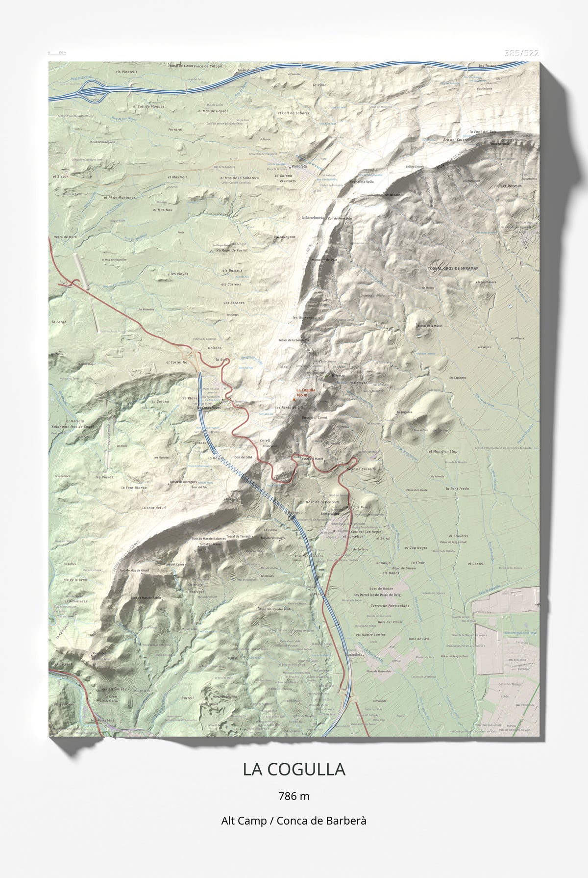 Mapa de relieve de La Cogulla, 786 m, Alt Camp · Conca de Barberà, lámina 100 Cims de Trobart 61 × 91 cm.
