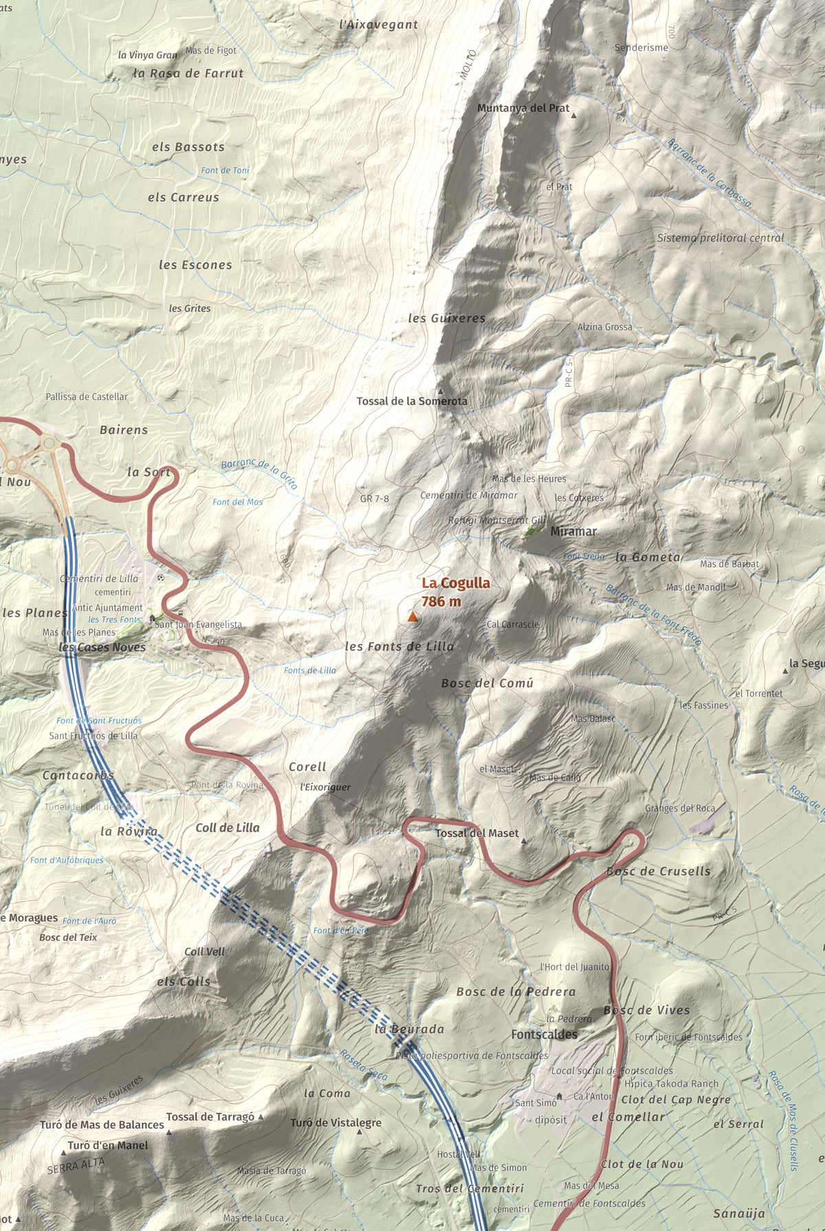 Mapa de relieve de La Cogulla, 786 m, Alt Camp · Conca de Barberà, lámina 100 Cims de Trobart. Detalle de la zona central. 61 × 91 cm.