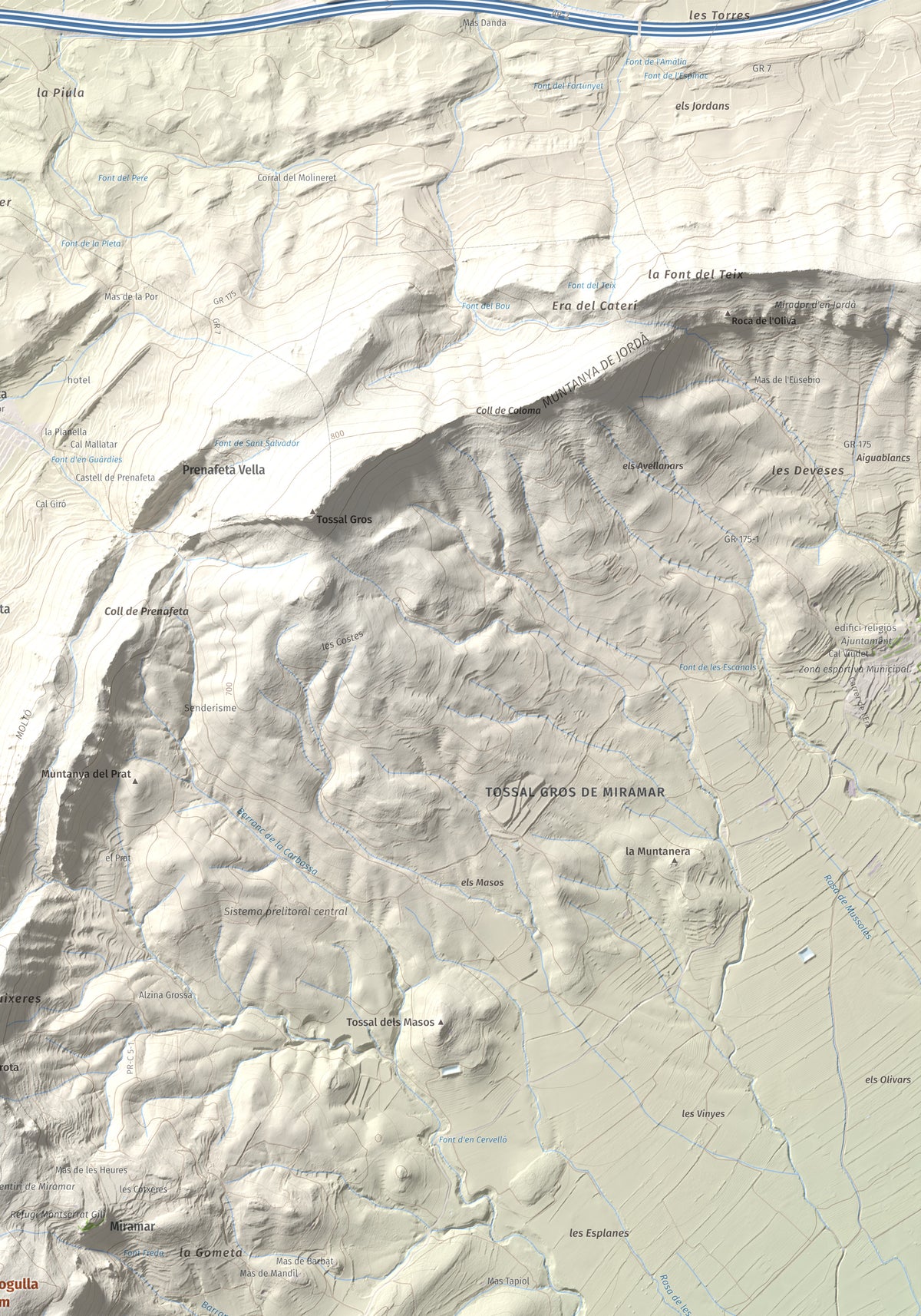 Mapa de relieve de La Cogulla, 786 m, Alt Camp · Conca de Barberà, lámina 100 Cims de Trobart. Detalle de la zona superior derecha. 70 × 100 cm.