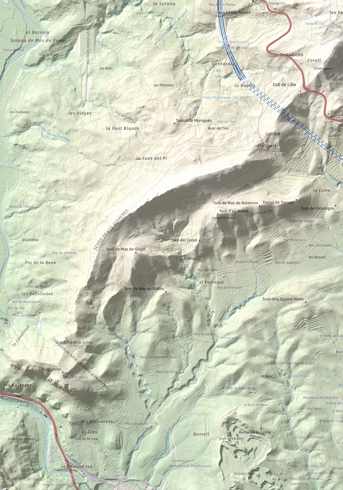Mapa de relieve de La Cogulla, 786 m, Alt Camp · Conca de Barberà, lámina 100 Cims de Trobart. Detalle de la zona inferior izquierda. 70 × 100 cm.