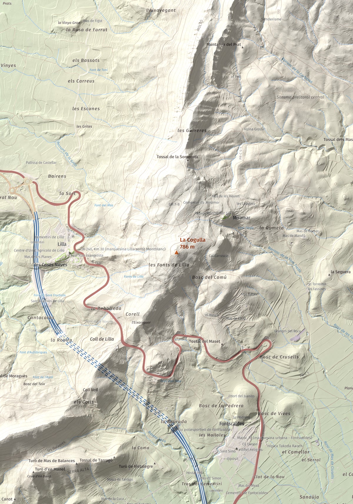 Mapa de relieve de La Cogulla, 786 m, Alt Camp · Conca de Barberà, lámina 100 Cims de Trobart. Detalle de la zona central. 70 × 100 cm.