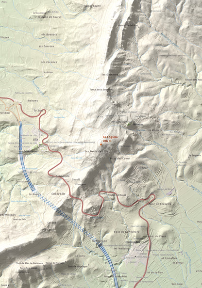 Mapa de relieve de La Cogulla, 786 m, Alt Camp · Conca de Barberà, lámina 100 Cims de Trobart. Detalle de la zona central. 70 × 100 cm.
