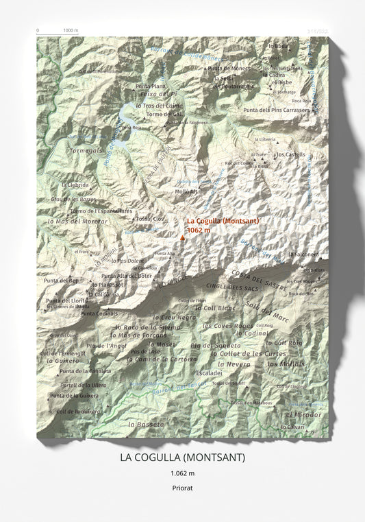 Mapa de relieve de La Cogulla (Montsant), 1062 m, Priorat, lámina 100 Cims de Trobart 21 × 30 cm.