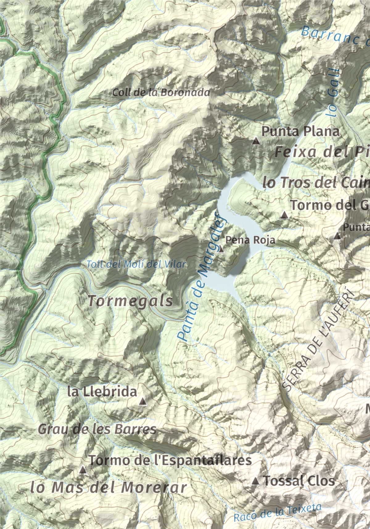 Mapa de relieve de La Cogulla (Montsant), 1062 m, Priorat, lámina 100 Cims de Trobart. Detalle de la zona superior izquierda. 21 × 30 cm.