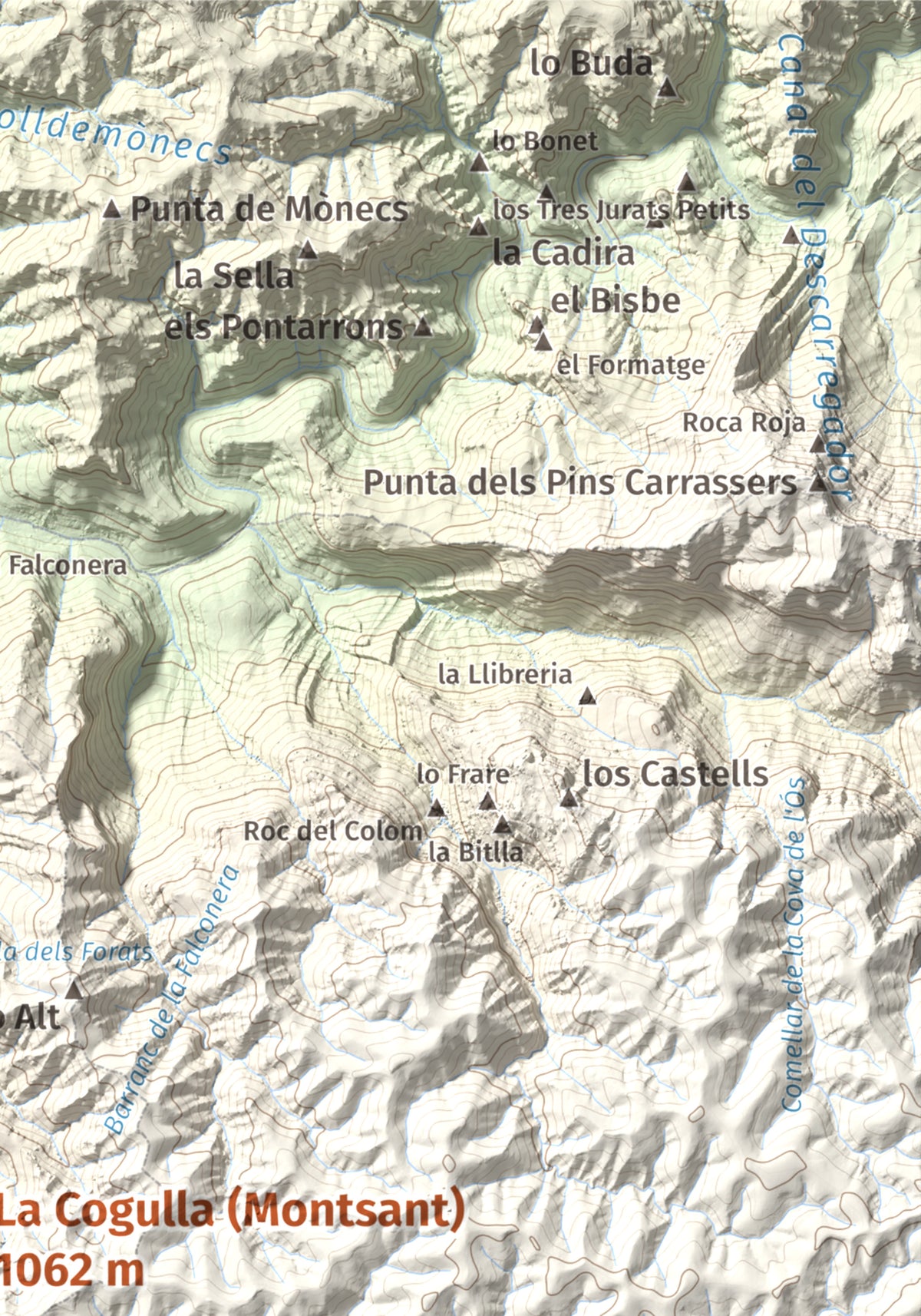 Mapa de relieve de La Cogulla (Montsant), 1062 m, Priorat, lámina 100 Cims de Trobart. Detalle de la zona superior derecha. 21 × 30 cm.
