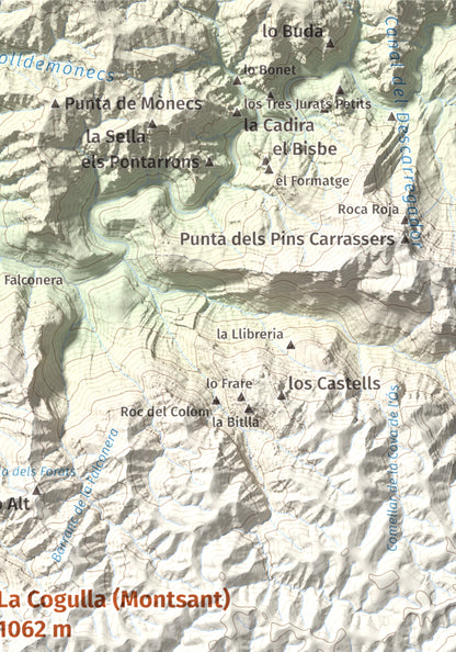Mapa de relieve de La Cogulla (Montsant), 1062 m, Priorat, lámina 100 Cims de Trobart. Detalle de la zona superior derecha. 21 × 30 cm.