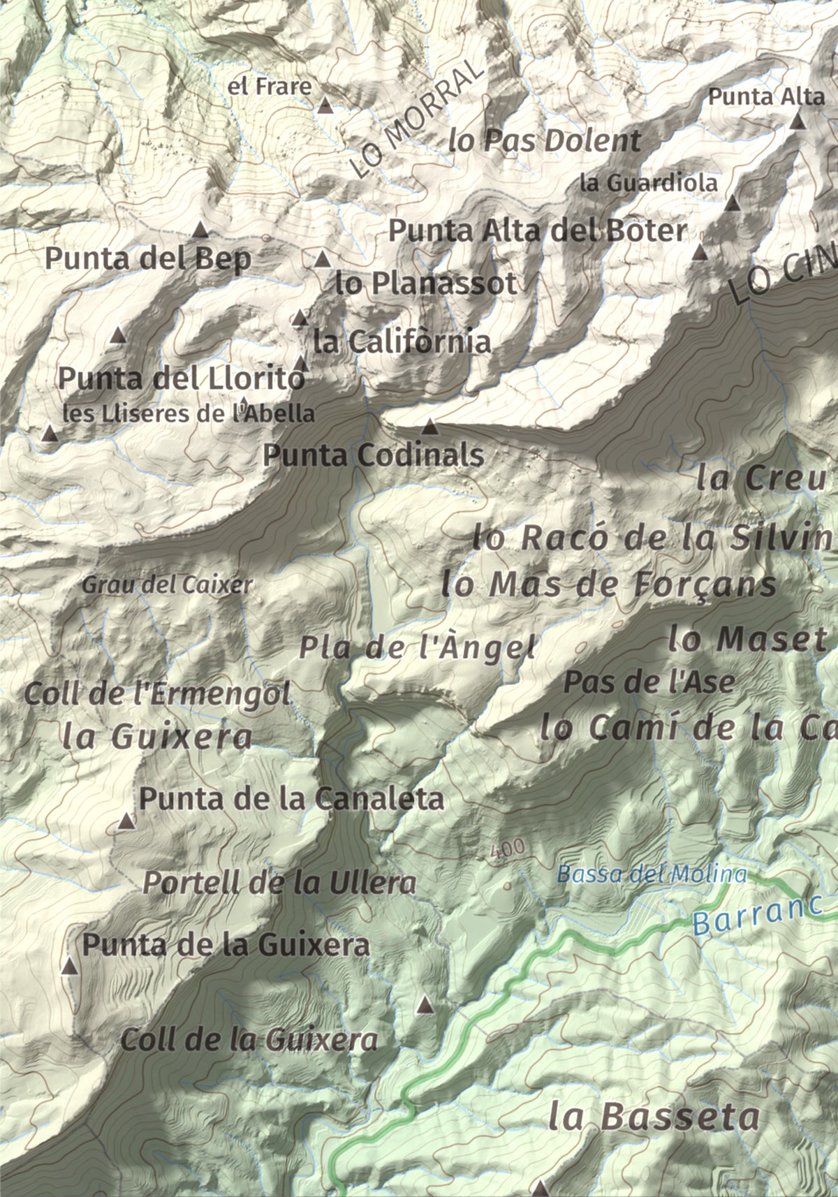 Mapa de relieve de La Cogulla (Montsant), 1062 m, Priorat, lámina 100 Cims de Trobart. Detalle de la zona inferior izquierda. 21 × 30 cm.