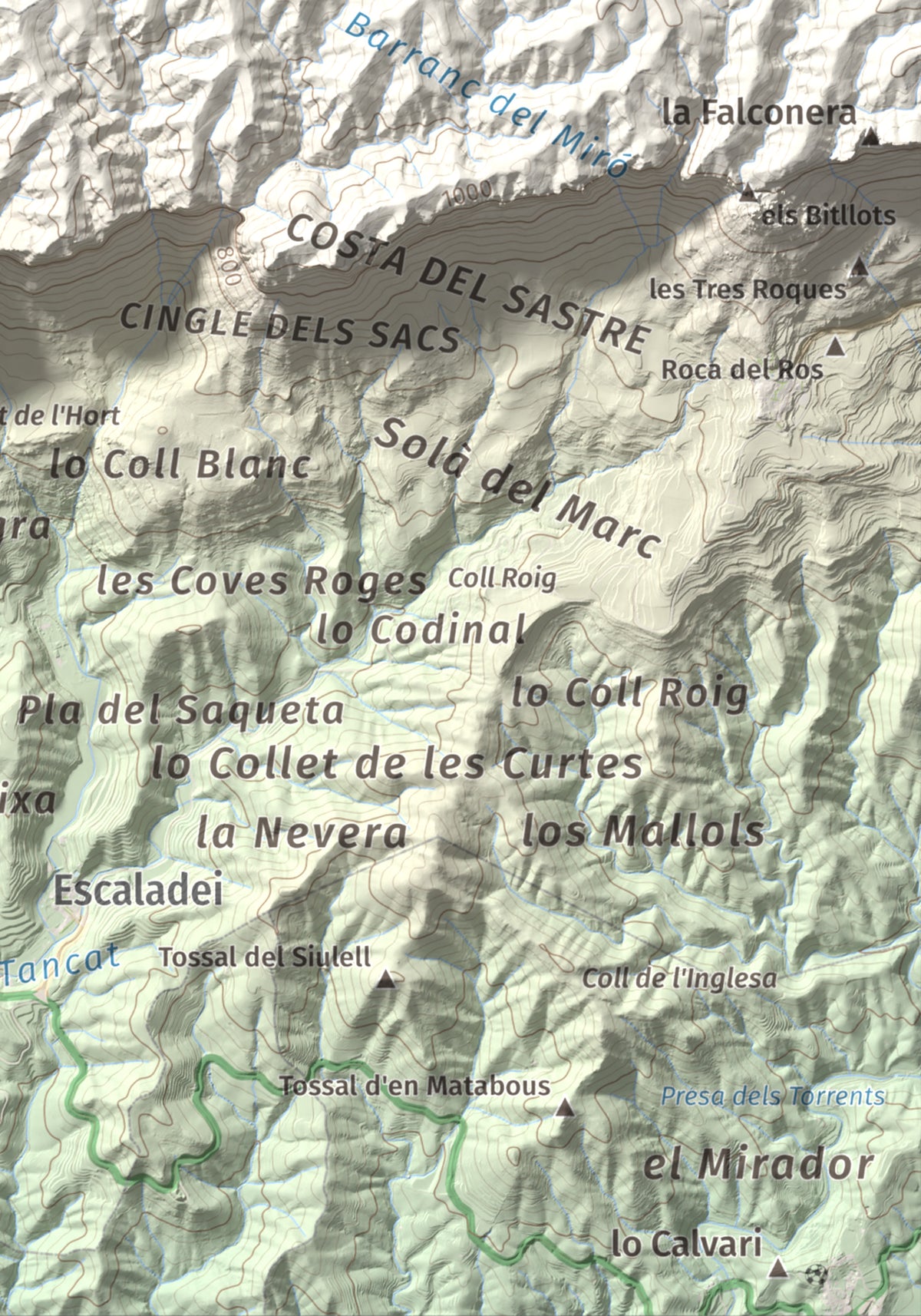 Mapa de relieve de La Cogulla (Montsant), 1062 m, Priorat, lámina 100 Cims de Trobart. Detalle de la zona inferior derecha. 21 × 30 cm.