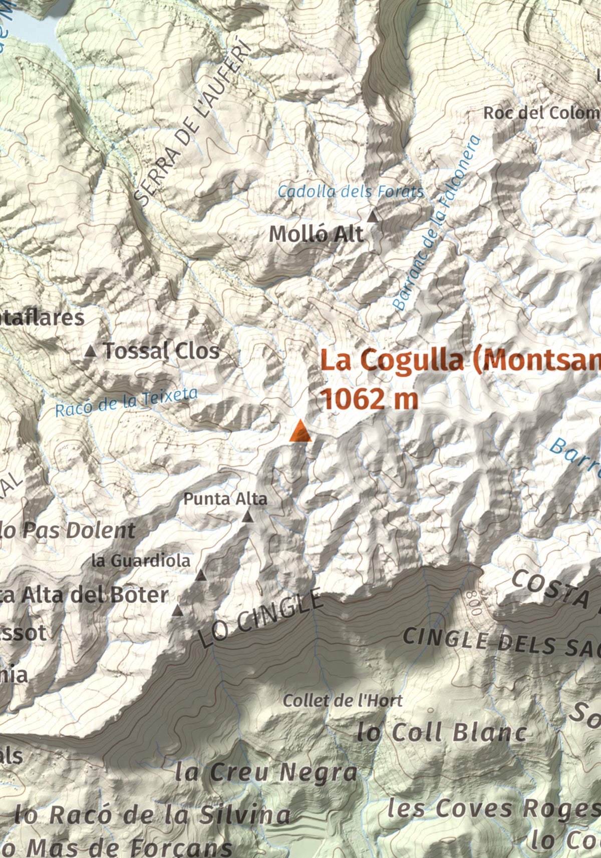 Mapa de relieve de La Cogulla (Montsant), 1062 m, Priorat, lámina 100 Cims de Trobart. Detalle de la zona central. 21 × 30 cm.