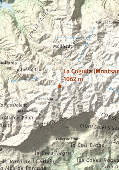Mapa de relieve de La Cogulla (Montsant), 1062 m, Priorat, lámina 100 Cims de Trobart. Detalle de la zona central. 21 × 30 cm.