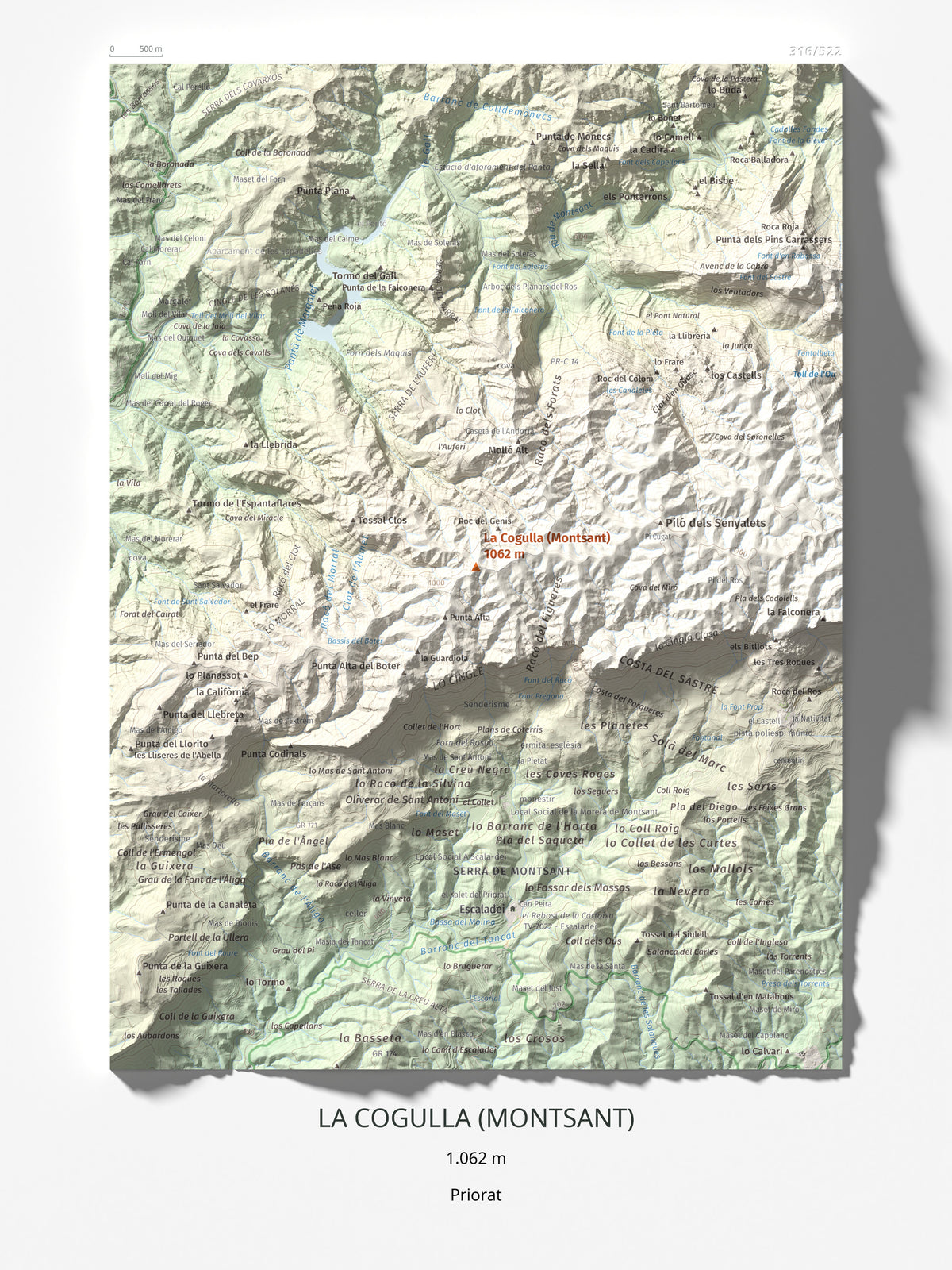 Mapa de relieve de La Cogulla (Montsant), 1062 m, Priorat, lámina 100 Cims de Trobart 30 × 40 cm.