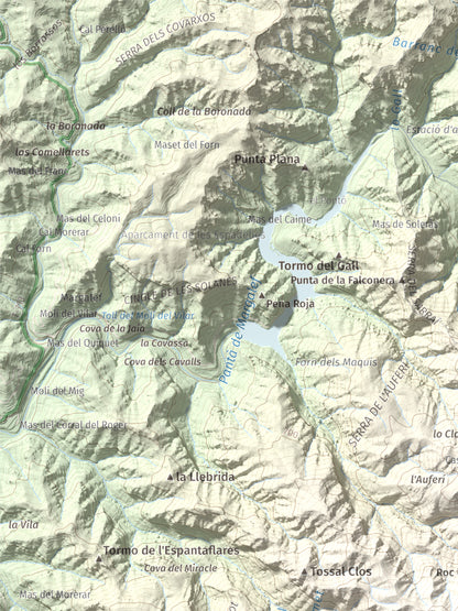 Mapa de relieve de La Cogulla (Montsant), 1062 m, Priorat, lámina 100 Cims de Trobart. Detalle de la zona superior izquierda. 30 × 40 cm.
