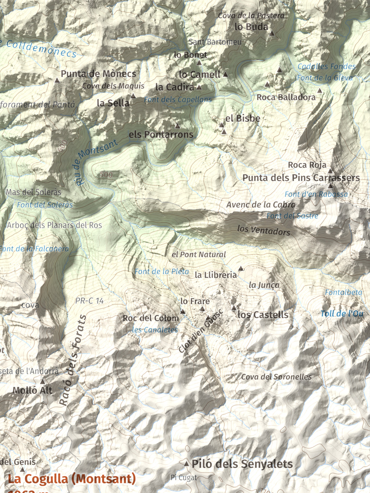 Mapa de relieve de La Cogulla (Montsant), 1062 m, Priorat, lámina 100 Cims de Trobart. Detalle de la zona superior derecha. 30 × 40 cm.