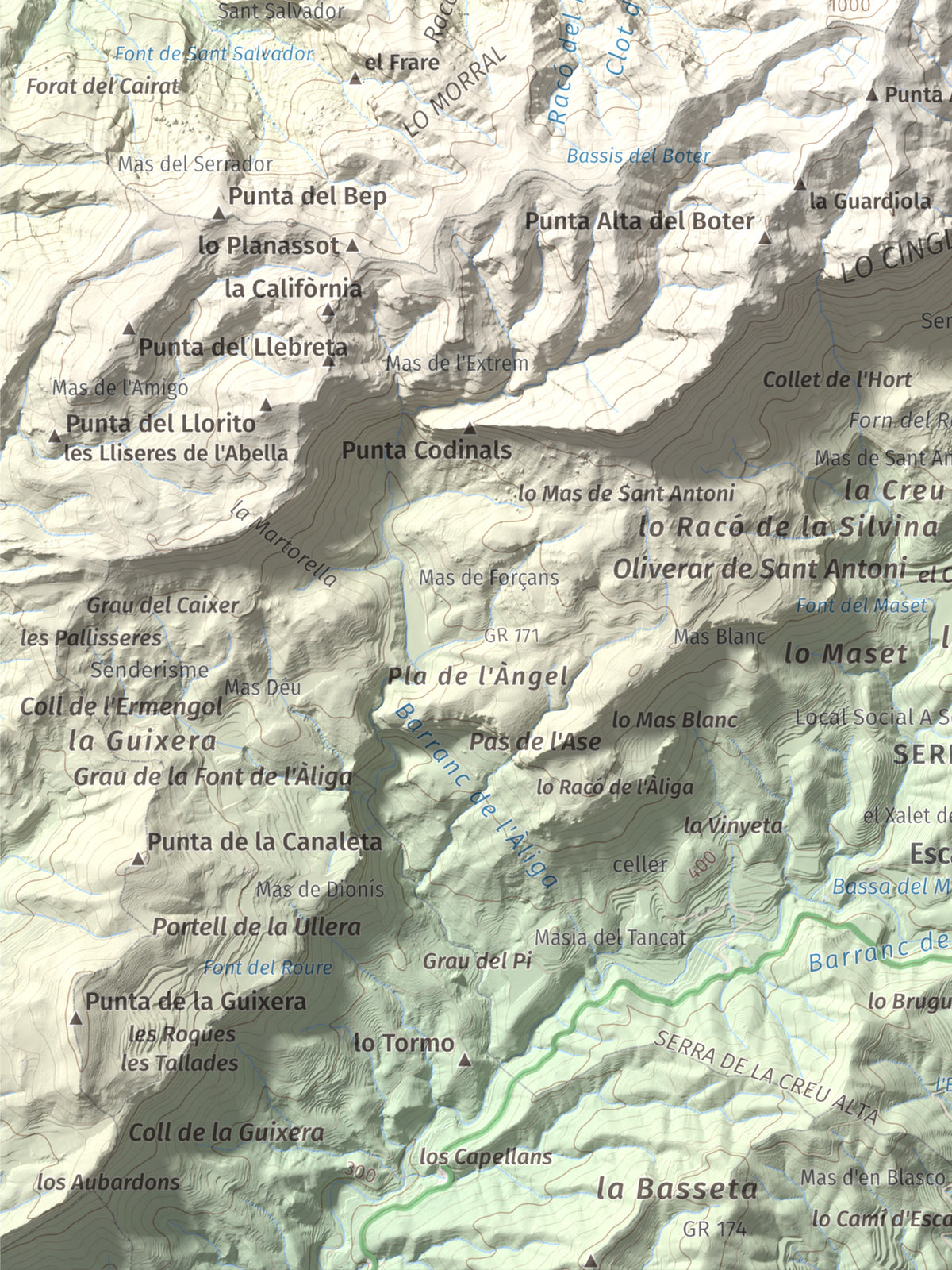 Mapa de relieve de La Cogulla (Montsant), 1062 m, Priorat, lámina 100 Cims de Trobart. Detalle de la zona inferior izquierda. 30 × 40 cm.