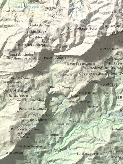 Mapa de relieve de La Cogulla (Montsant), 1062 m, Priorat, lámina 100 Cims de Trobart. Detalle de la zona inferior izquierda. 30 × 40 cm.