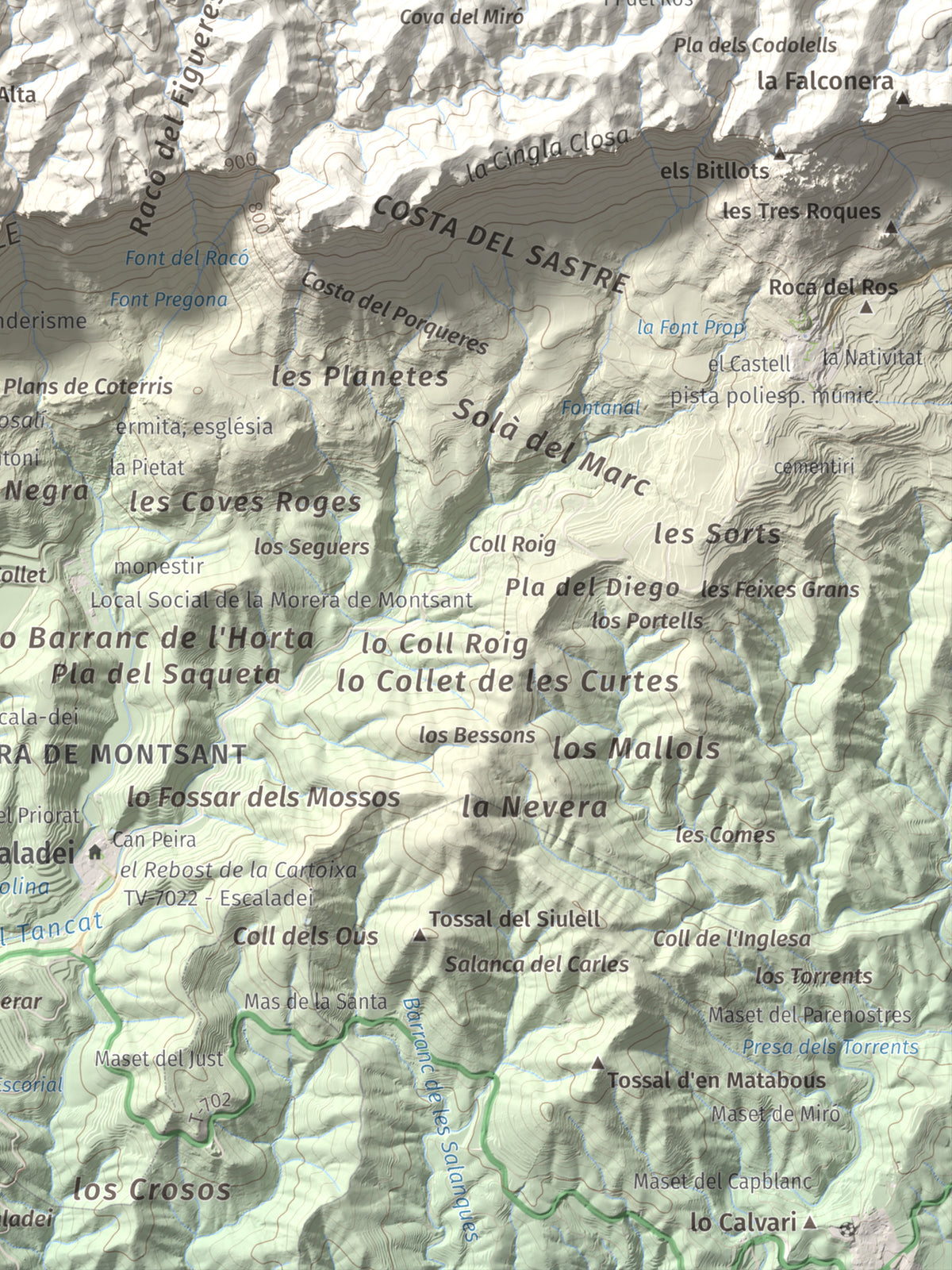 Mapa de relieve de La Cogulla (Montsant), 1062 m, Priorat, lámina 100 Cims de Trobart. Detalle de la zona inferior derecha. 30 × 40 cm.