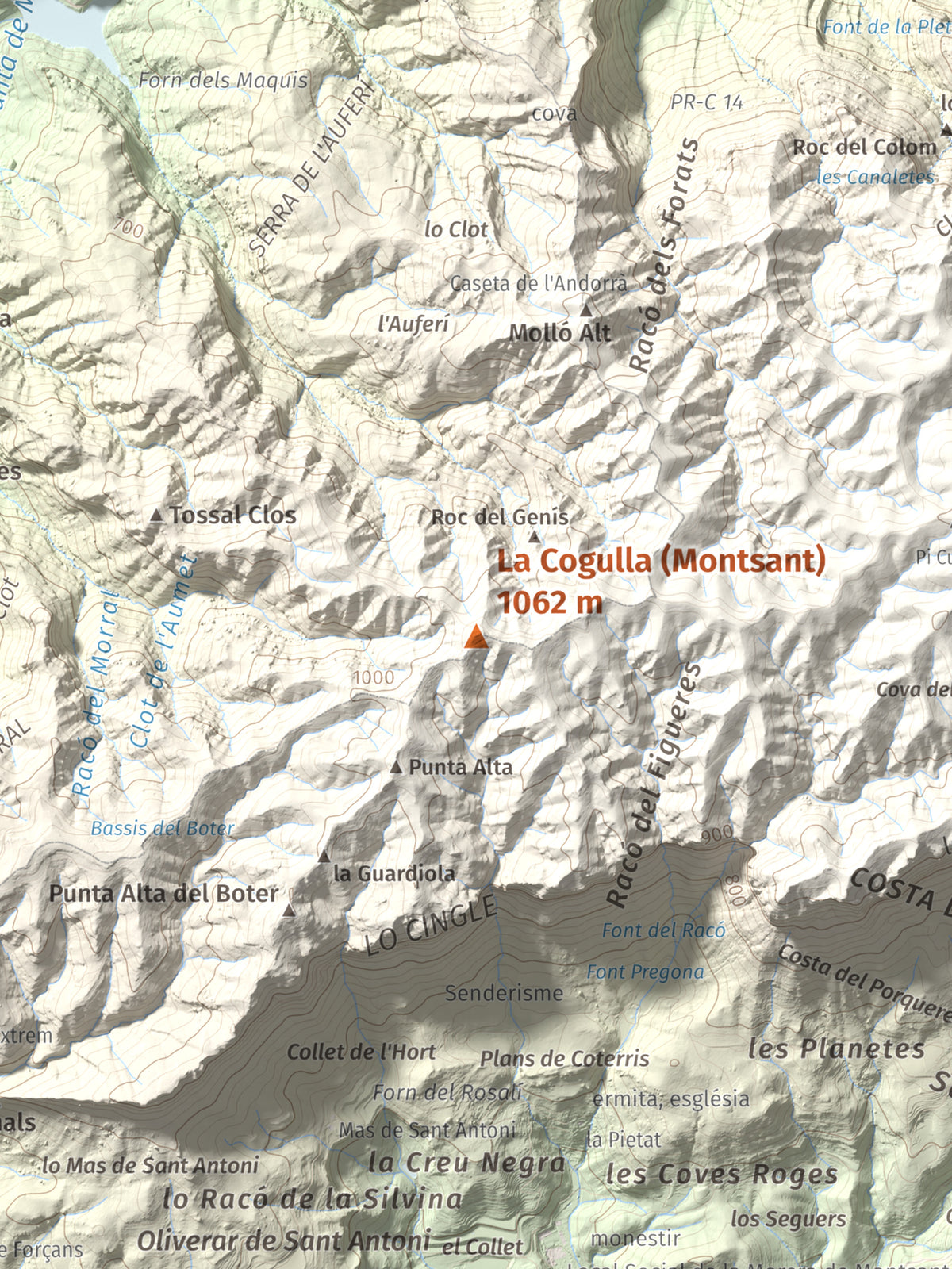 Mapa de relieve de La Cogulla (Montsant), 1062 m, Priorat, lámina 100 Cims de Trobart. Detalle de la zona central. 30 × 40 cm.