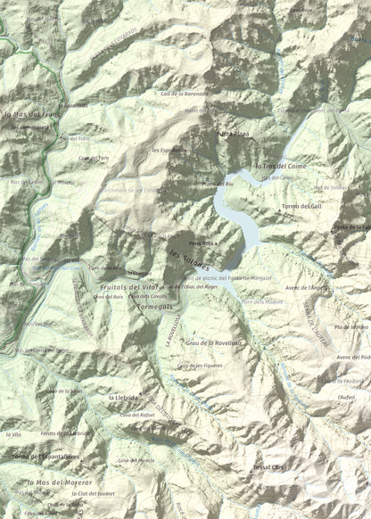 Mapa de relieve de La Cogulla (Montsant), 1062 m, Priorat, lámina 100 Cims de Trobart. Detalle de la zona superior izquierda. 50 × 70 cm.