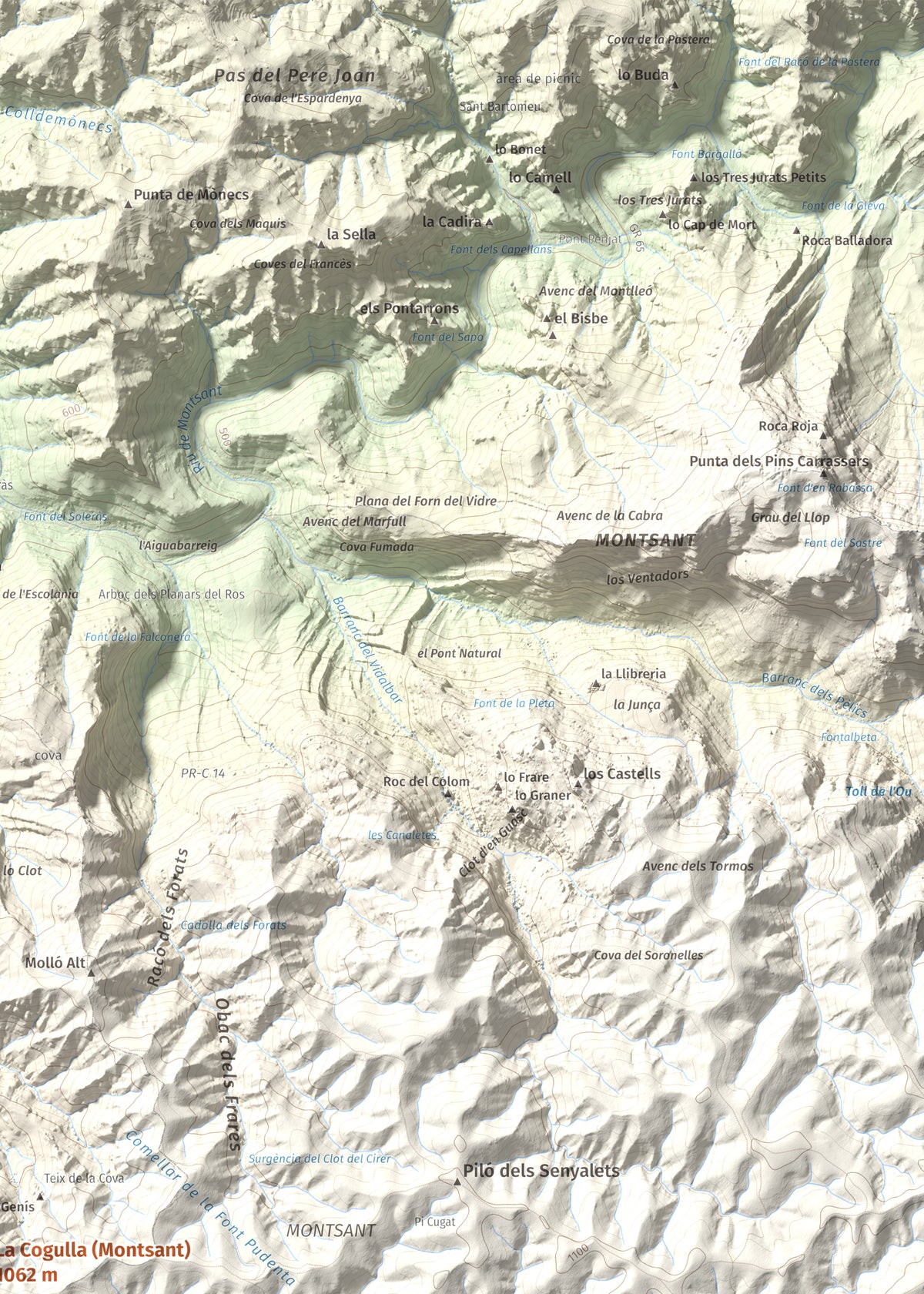 Mapa de relieve de La Cogulla (Montsant), 1062 m, Priorat, lámina 100 Cims de Trobart. Detalle de la zona superior derecha. 50 × 70 cm.