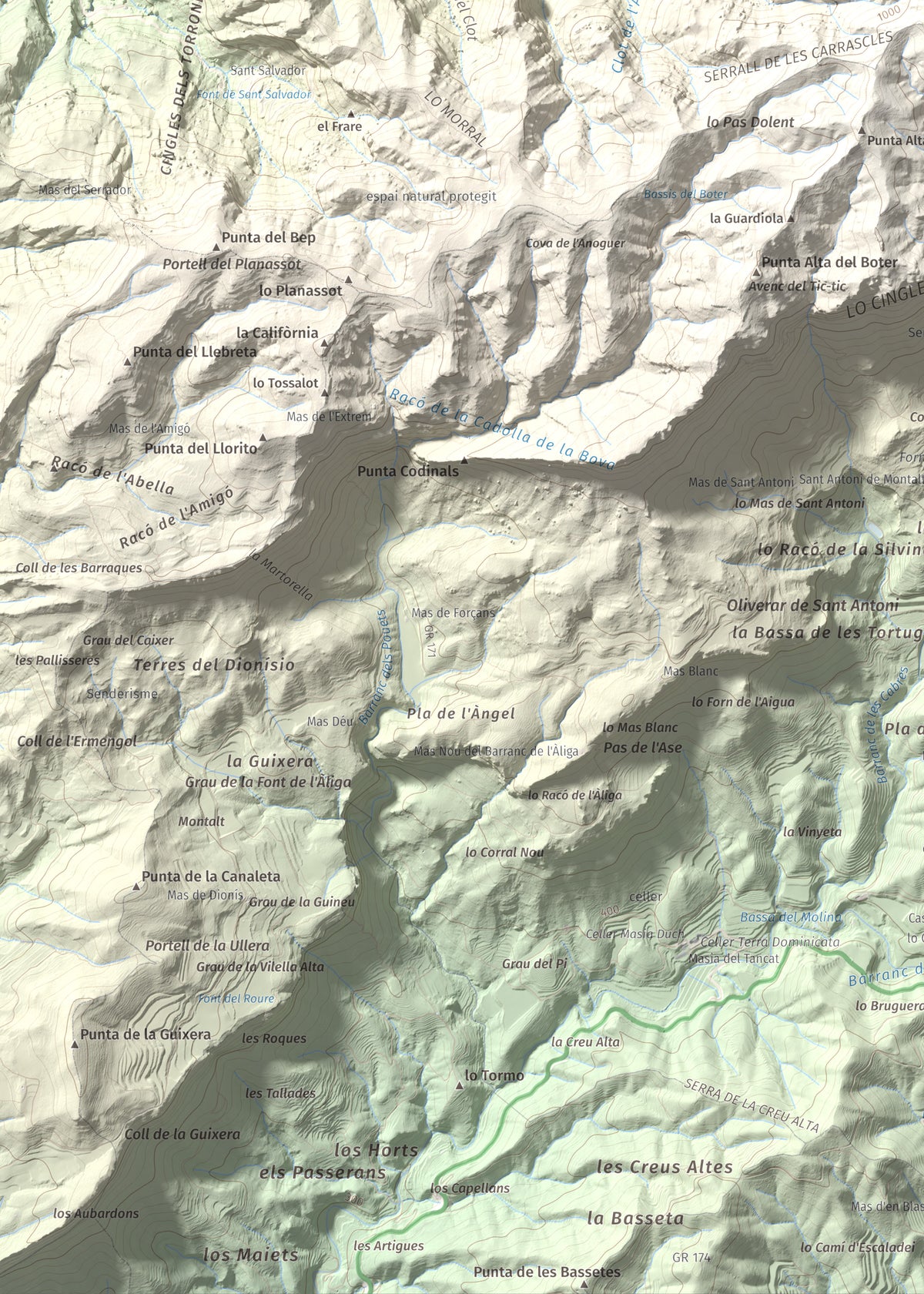 Mapa de relieve de La Cogulla (Montsant), 1062 m, Priorat, lámina 100 Cims de Trobart. Detalle de la zona inferior izquierda. 50 × 70 cm.