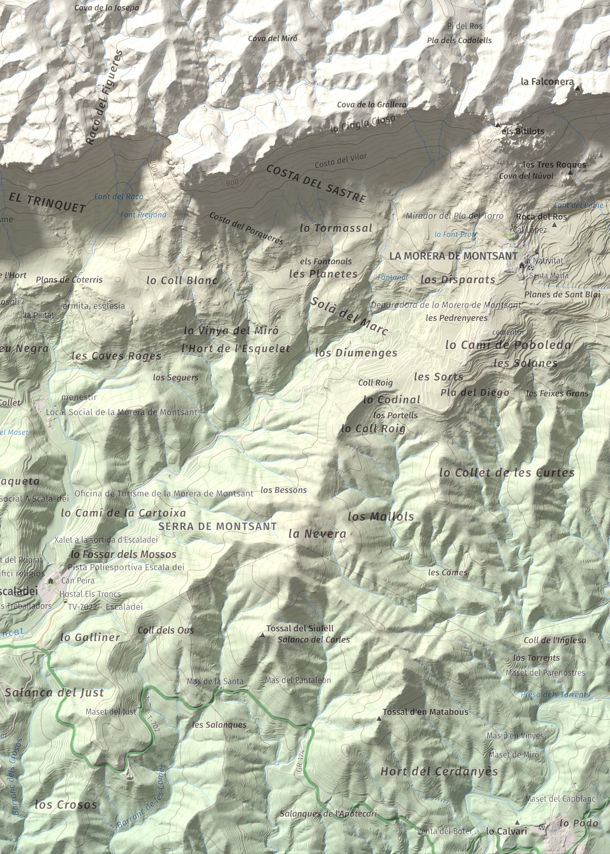 Mapa de relieve de La Cogulla (Montsant), 1062 m, Priorat, lámina 100 Cims de Trobart. Detalle de la zona inferior derecha. 50 × 70 cm.