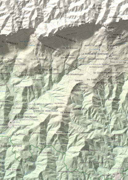 Mapa de relieve de La Cogulla (Montsant), 1062 m, Priorat, lámina 100 Cims de Trobart. Detalle de la zona inferior derecha. 50 × 70 cm.