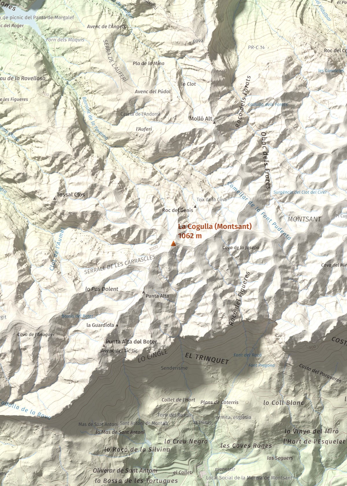Mapa de relieve de La Cogulla (Montsant), 1062 m, Priorat, lámina 100 Cims de Trobart. Detalle de la zona central. 50 × 70 cm.