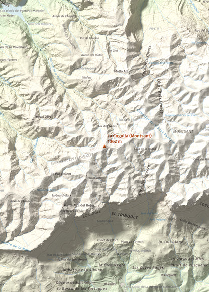 Mapa de relieve de La Cogulla (Montsant), 1062 m, Priorat, lámina 100 Cims de Trobart. Detalle de la zona central. 50 × 70 cm.