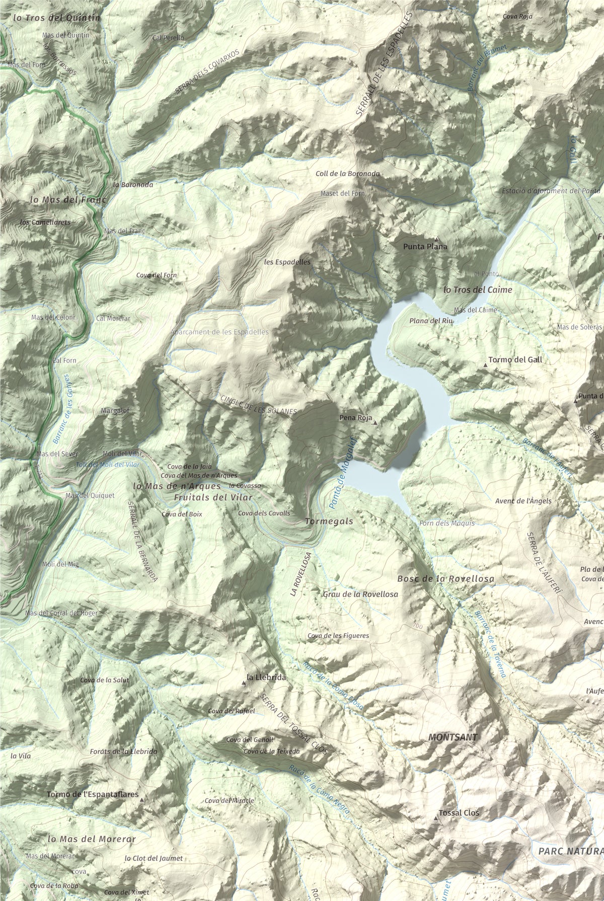 Mapa de relieve de La Cogulla (Montsant), 1062 m, Priorat, lámina 100 Cims de Trobart. Detalle de la zona superior izquierda. 61 × 91 cm.