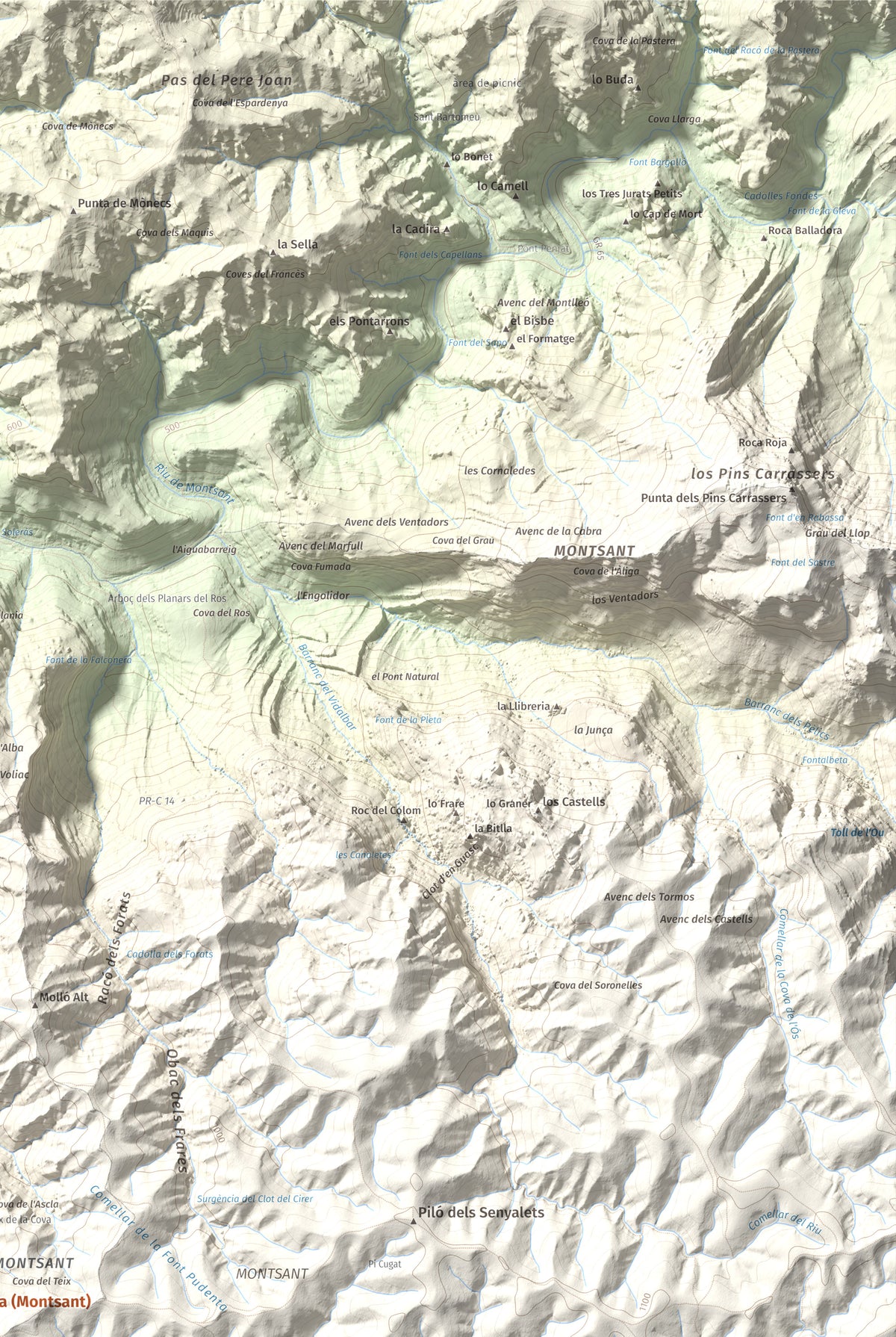 Mapa de relieve de La Cogulla (Montsant), 1062 m, Priorat, lámina 100 Cims de Trobart. Detalle de la zona superior derecha. 61 × 91 cm.