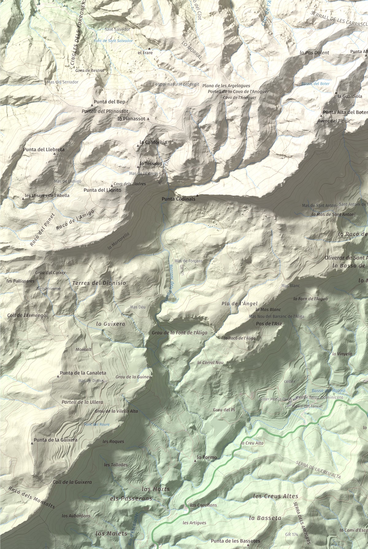 Mapa de relieve de La Cogulla (Montsant), 1062 m, Priorat, lámina 100 Cims de Trobart. Detalle de la zona inferior izquierda. 61 × 91 cm.