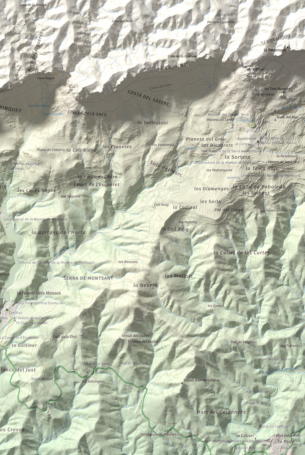Mapa de relieve de La Cogulla (Montsant), 1062 m, Priorat, lámina 100 Cims de Trobart. Detalle de la zona inferior derecha. 61 × 91 cm.
