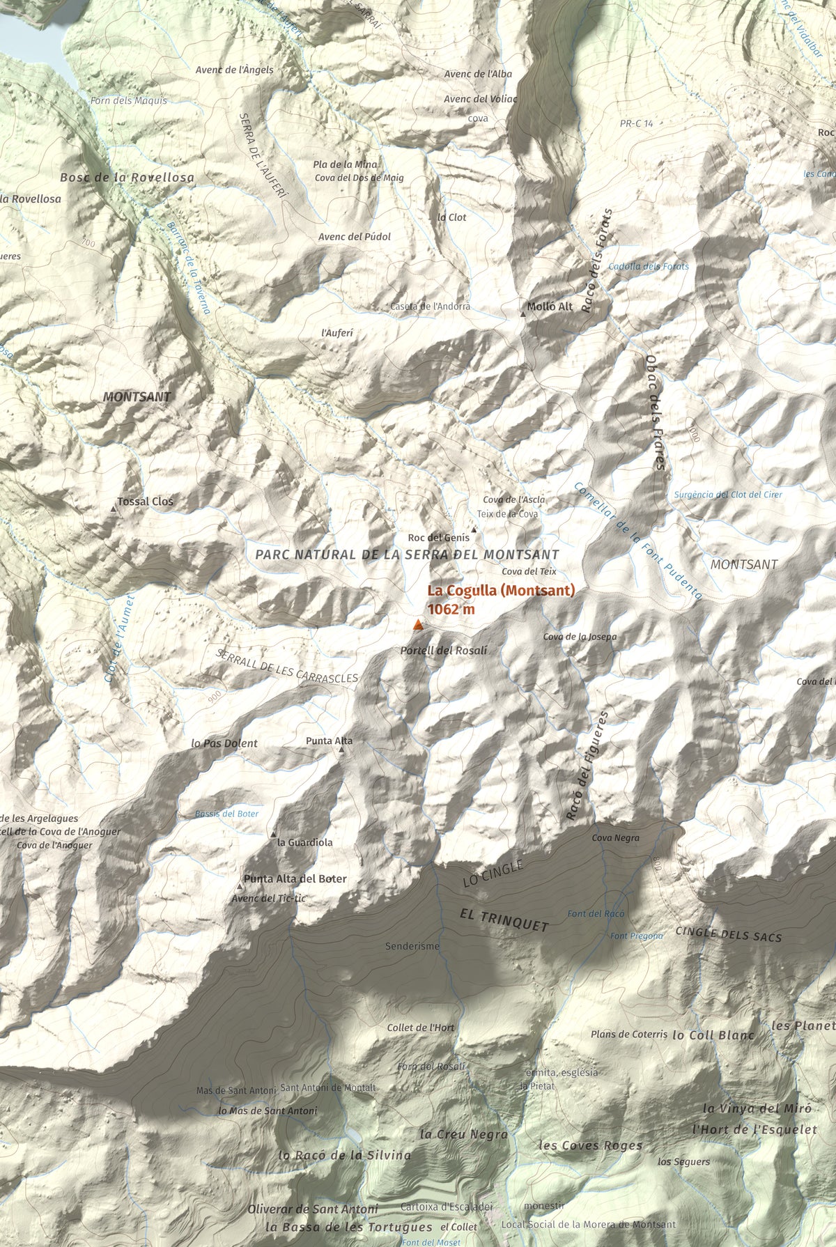 Mapa de relieve de La Cogulla (Montsant), 1062 m, Priorat, lámina 100 Cims de Trobart. Detalle de la zona central. 61 × 91 cm.