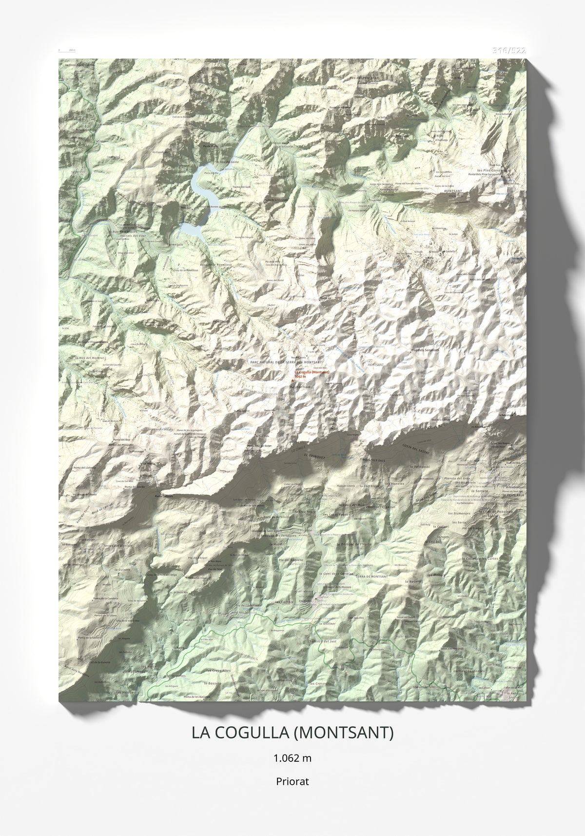Mapa de relieve de La Cogulla (Montsant), 1062 m, Priorat, lámina 100 Cims de Trobart 70 × 100 cm.
