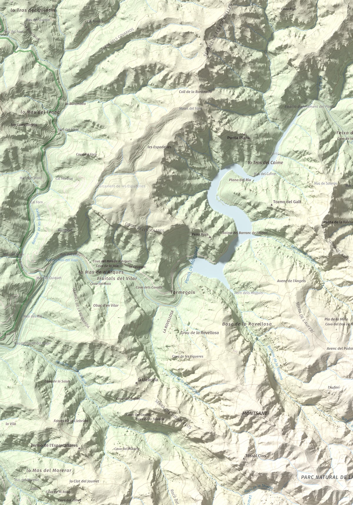 Mapa de relieve de La Cogulla (Montsant), 1062 m, Priorat, lámina 100 Cims de Trobart. Detalle de la zona superior izquierda. 70 × 100 cm.