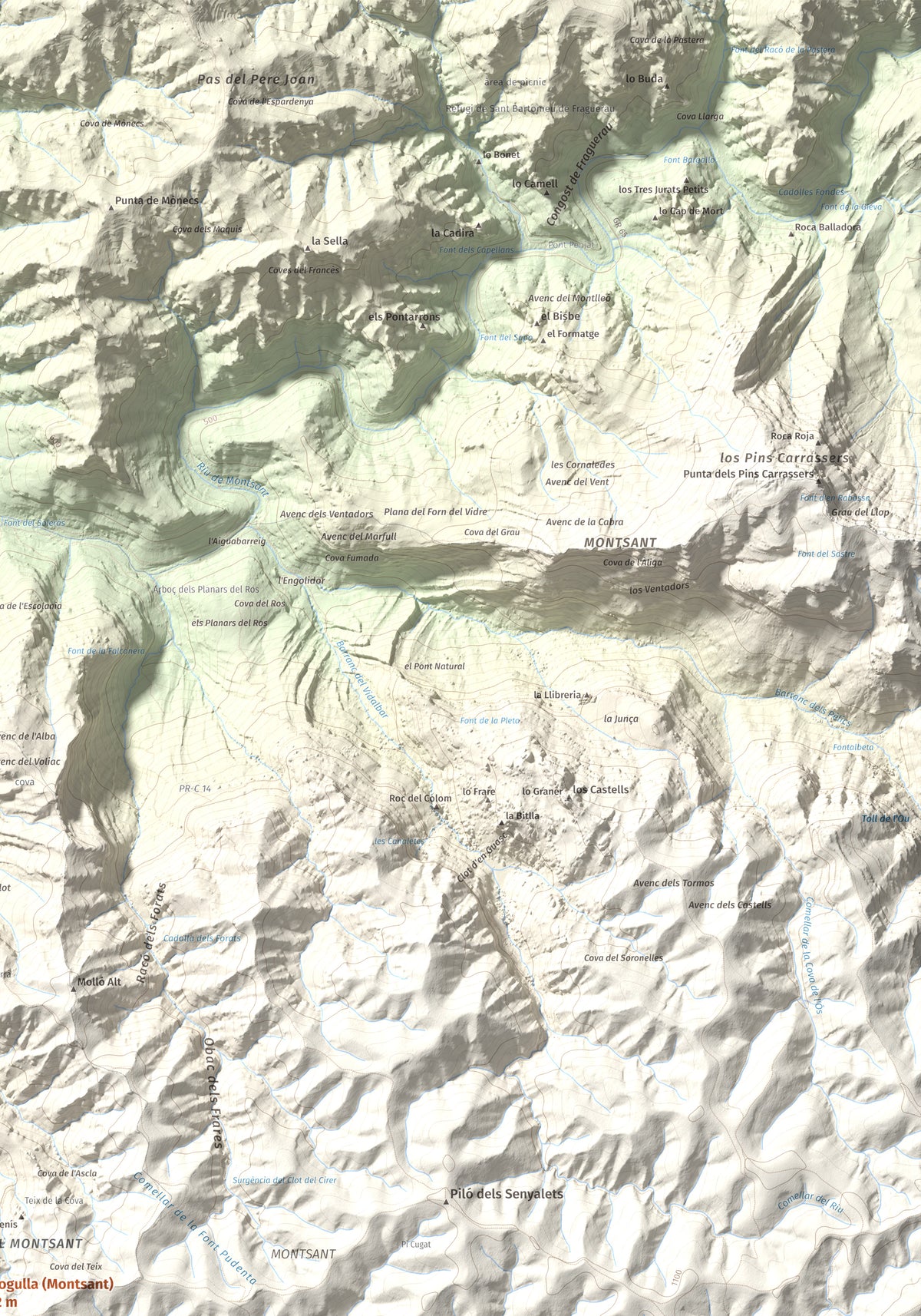 Mapa de relieve de La Cogulla (Montsant), 1062 m, Priorat, lámina 100 Cims de Trobart. Detalle de la zona superior derecha. 70 × 100 cm.