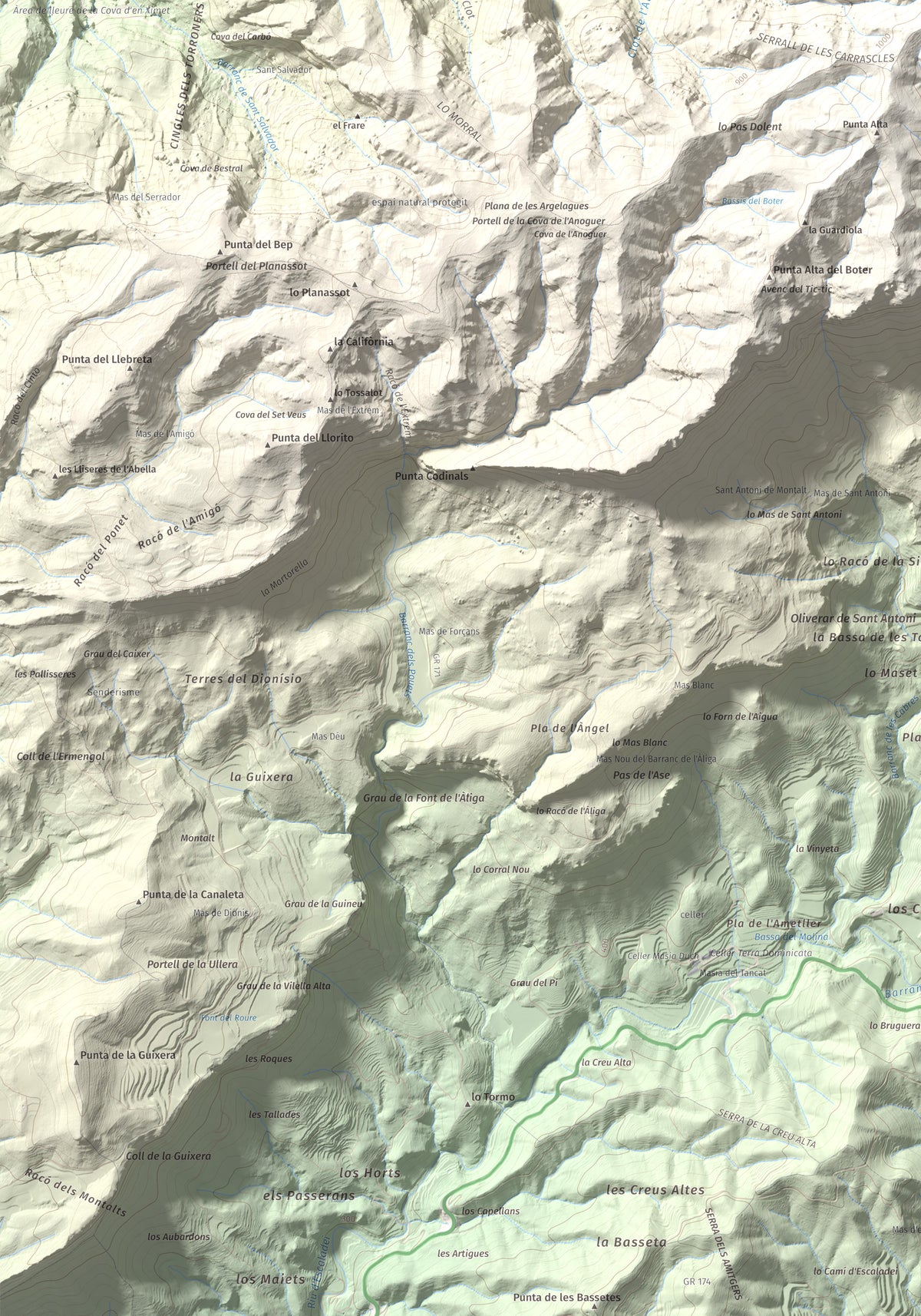 Mapa de relieve de La Cogulla (Montsant), 1062 m, Priorat, lámina 100 Cims de Trobart. Detalle de la zona inferior izquierda. 70 × 100 cm.