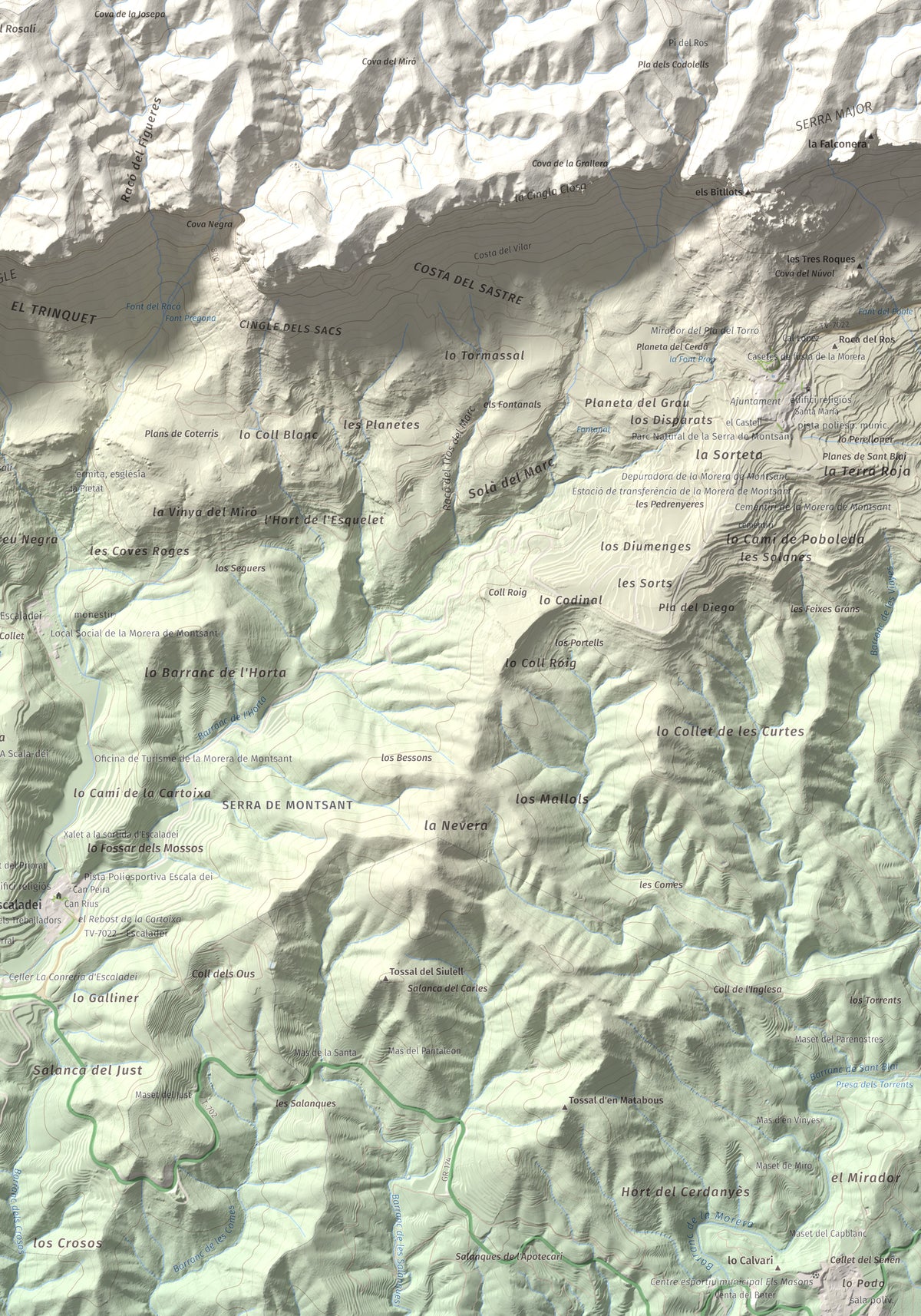 Mapa de relieve de La Cogulla (Montsant), 1062 m, Priorat, lámina 100 Cims de Trobart. Detalle de la zona inferior derecha. 70 × 100 cm.