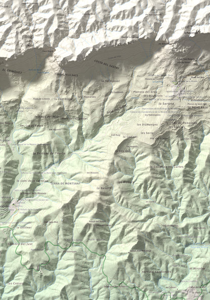 Mapa de relieve de La Cogulla (Montsant), 1062 m, Priorat, lámina 100 Cims de Trobart. Detalle de la zona inferior derecha. 70 × 100 cm.