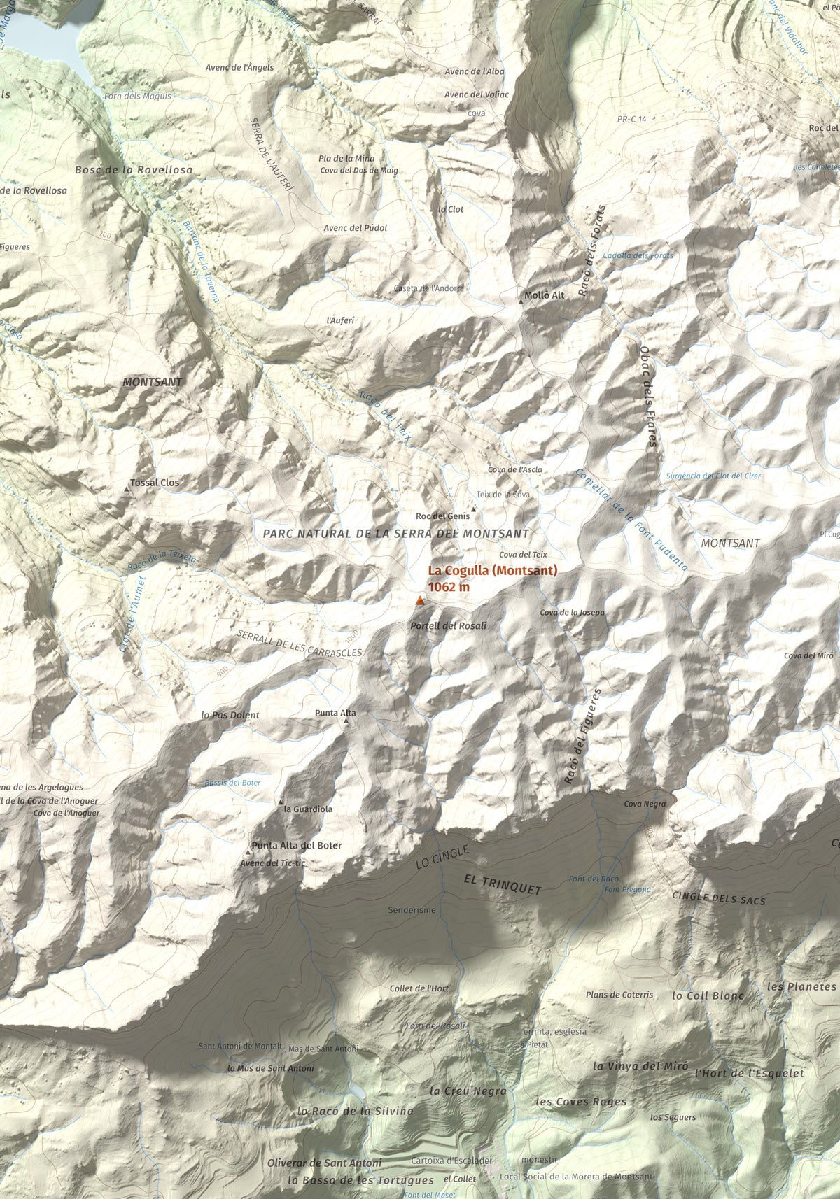 Mapa de relieve de La Cogulla (Montsant), 1062 m, Priorat, lámina 100 Cims de Trobart. Detalle de la zona central. 70 × 100 cm.
